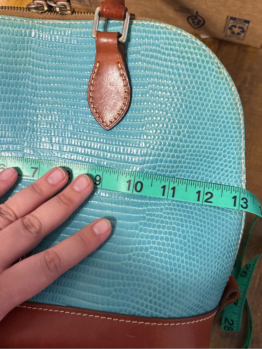 Dooney & Bourke Teal Pebble Grain “Zip Zip” Satchel with Brown Trim - Picture 14 of 16